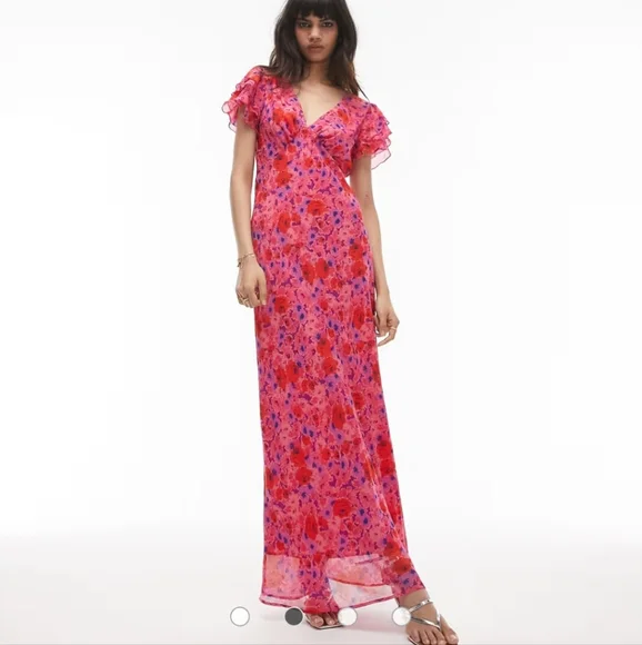 🌺 Topshop Pink & Red Floral Maxi Dress – Size 10 (US) - Picture 3 of 8